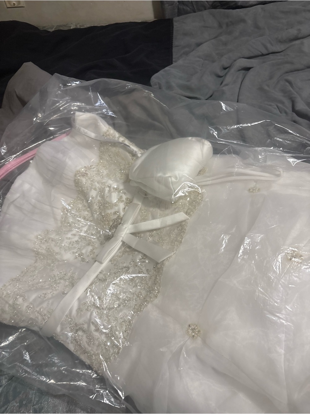 White Beaded Strapless Chemise with Ribbon Detail